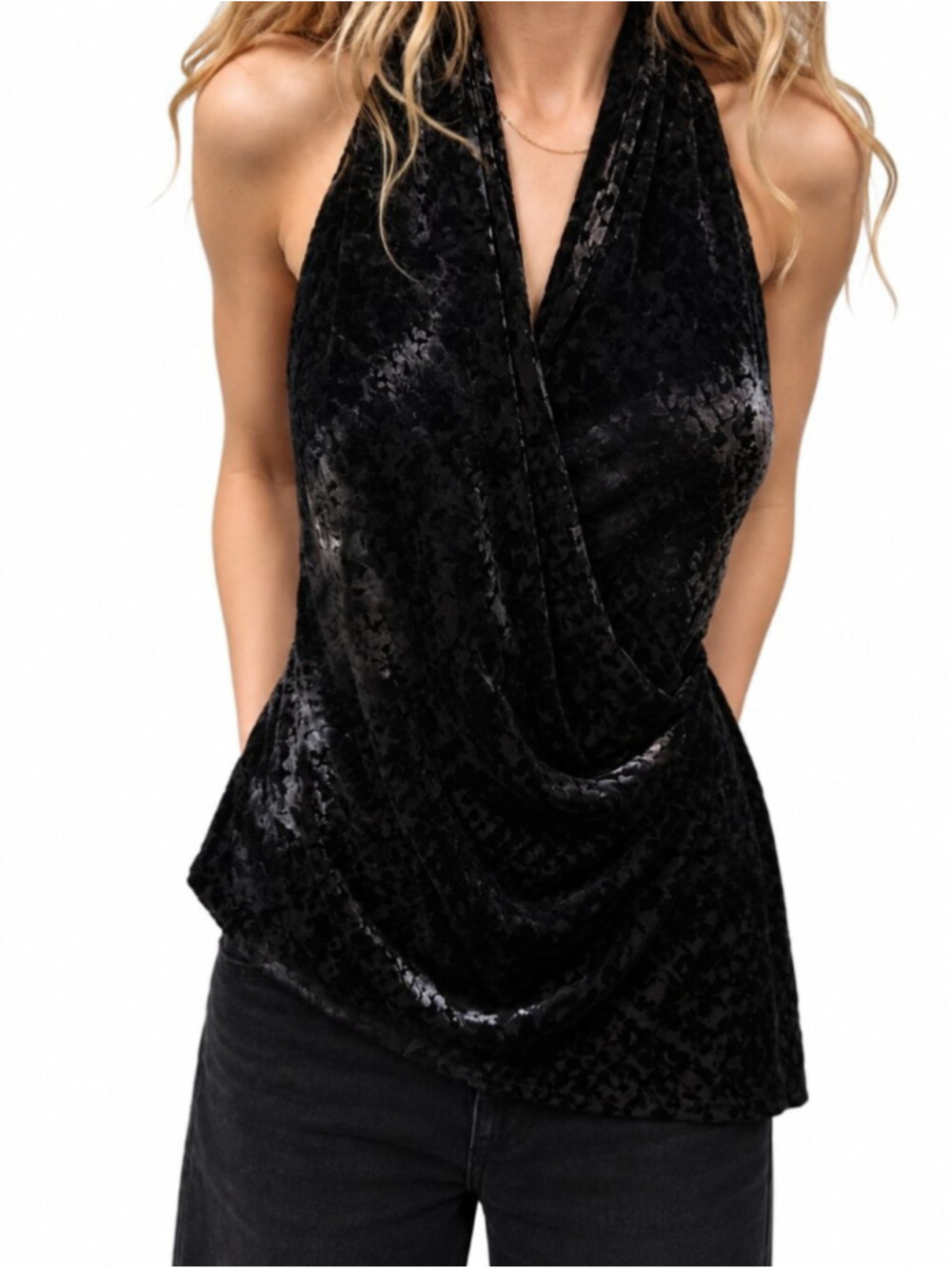 ZARA NWOT Velvet Burnout Halter Top Black Large Backless Draped Front Going Out
